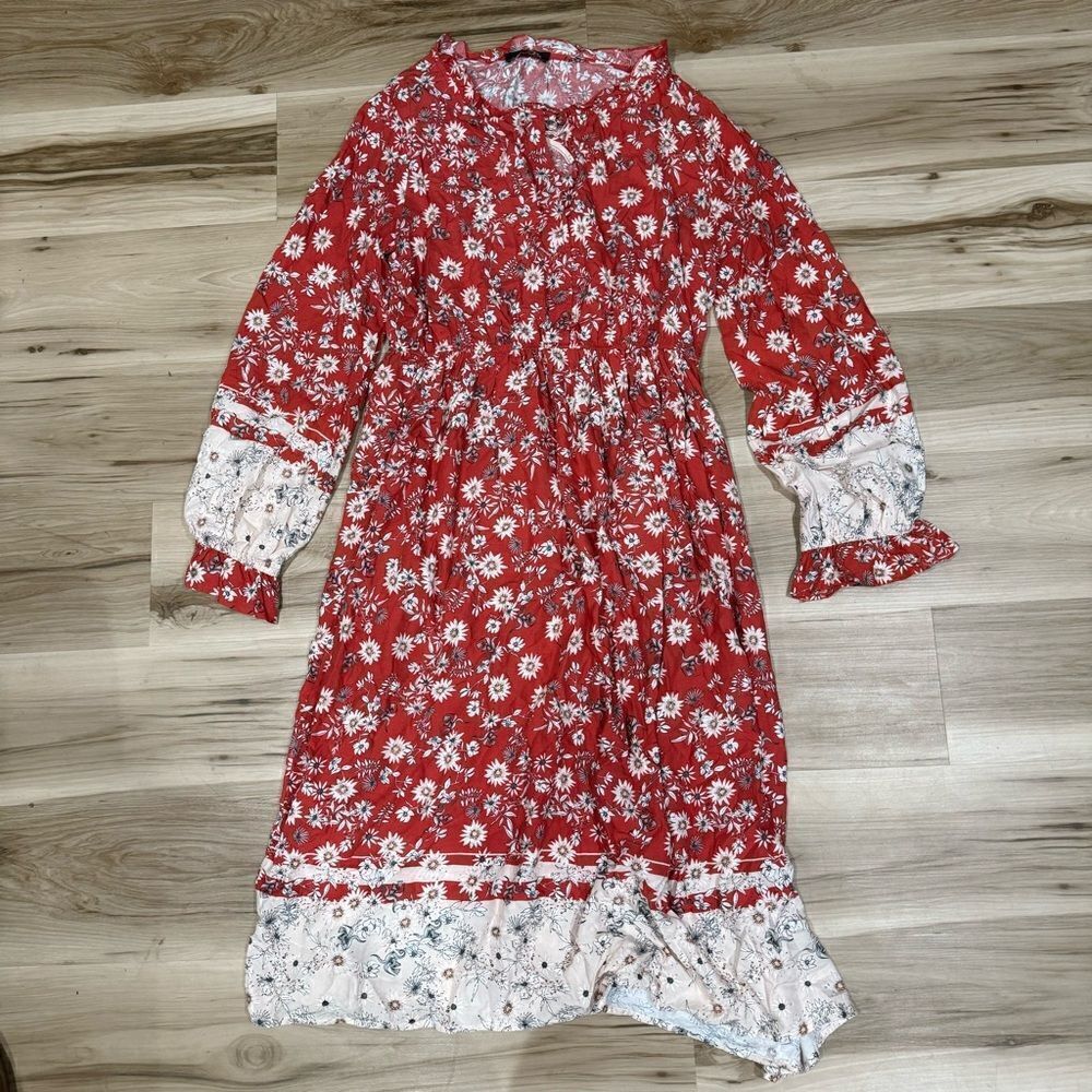 Suzanne Betro Red Floral Dress Cottagecore Women’s Medium